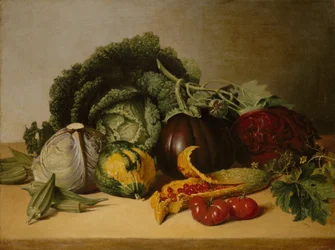 Naturaleza muerta: manzana balsámica y vegetales, ca. 1820s