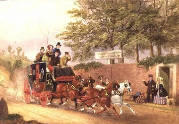 Un coche de correos pasando viajeros en un camino