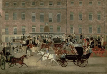 Hatchetts - la Bodega del Caballo Blanco, Piccadilly, el correo de Devonport y un barouche en primer plano