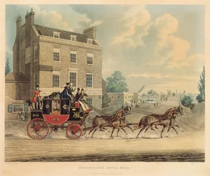 Correo Real Quicksilver pasando el Star and Garter en Kew Bridge, 1835