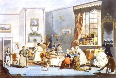 Pasajeros de diligencia en el desayuno