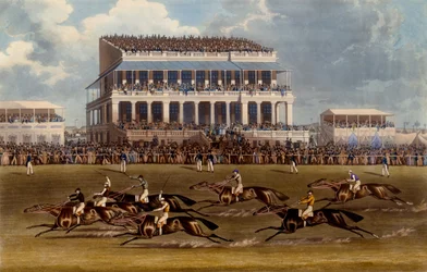 La tribuna principal en las carreras de Epsom, impresión hecha por Charles Hunt, 1836