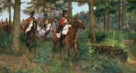 Un asunto de puestos avanzados, el 9º de Húsares del 1º Ejército de Napoleón 1806 (óleo sobre lienzo)