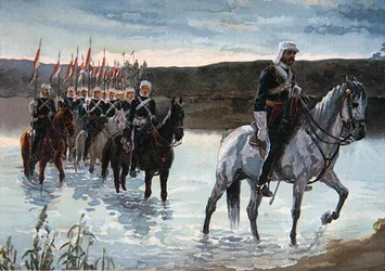 El 17º de Lanceros en marcha en la India Central en 1858 (litografía en color)
