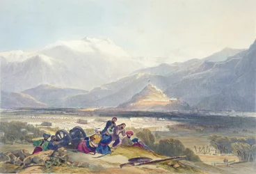 Bala Hissar y la ciudad de Kabul con los campamentos británicos desde la colina Ba Maroo, hostilidades comenzando, placa 16 de 
