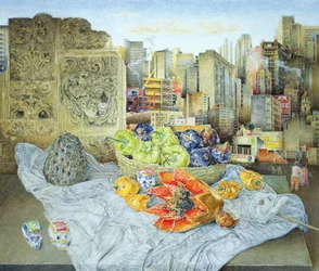 Naturaleza Muerta con Papaya y Paisaje Urbano, 2000