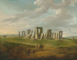 Stonehenge con un carruaje y viajeros a caballo