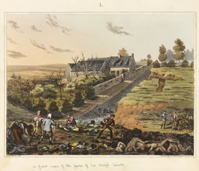 Vista frontal de la granja de La Haye Sainte, de "An Historical Account of the Battle of Waterloo".