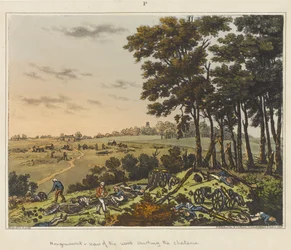 Hougoumont - vista del bosque que bordea el castillo, de "An Historical Account of the Battle of Waterloo" (Relato histórico de la batalla de Waterloo)