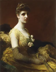 Retrato de Lady Dixon de Rheda, tres cuartos de longitud, sentada con un vestido amarillo con flores y sosteniendo un abanico