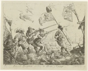 Spotprent op Goejanverwellesluis, 1787 Burgueses patrióticos atacando la Casa de Orange (título sobre objeto)
