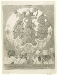 Spotprent op de Franse invasie, 1795 Invasión francesa sobre fondos holandeses. Ombres Chinoises / Terror the Order of the Day (título sobre objeto)