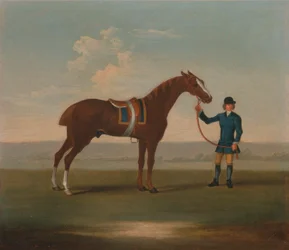 Uno de los cuatro retratos de caballos - un caballo alazán (¿viejo compañero?) sostenido por un mozo de cuadra: de pie mirando a la derecha, lleva una silla de montar azul ribeteada de oro; el mozo...