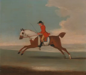 Uno de los cuatro retratos de caballos - un caballo de carreras alazán ejercitado por un entrenador con bata roja: galopa hacia la izquierda, el caballo lleva cubiertas de sudor blanco en la cabeza, el cuello y el cuerpo