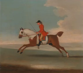 Uno de los cuatro retratos de caballos - un caballo de carreras alazán ejercitado por un entrenador con bata roja: galopa hacia la izquierda, el caballo lleva cubiertas de sudor blanco en la cabeza, el cuello y el cuerpo