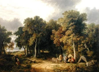 Campamento en un paisaje boscoso