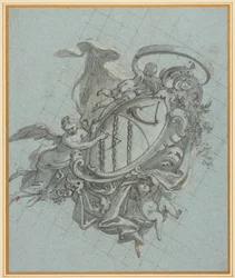 Un escudo con un cuerno y tres cadenas sostenidas por un ángel y dos putti