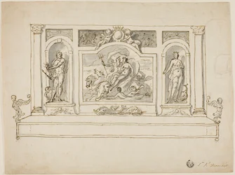 Neptuno y Anfítrite flanqueados por Júpiter y Juno: diseño para banco pintado de recibidor o jardín