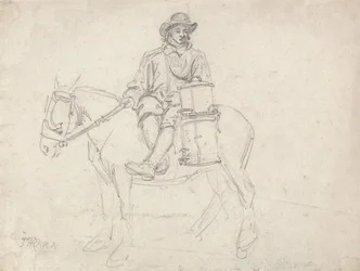 Un granjero cabalgando de lado, llevando una urna
