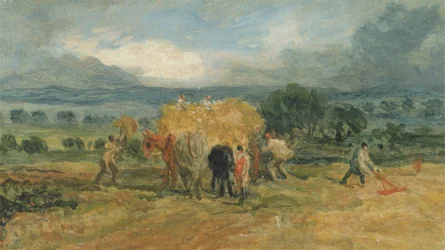 Escena de cosecha con trabajadores cargando heno en un carro de granja