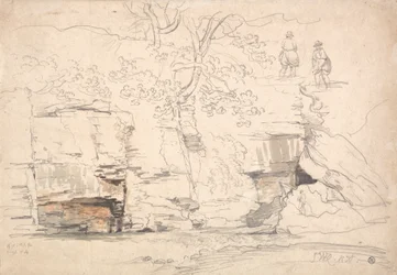 Una ladera rocosa con árboles y figuras