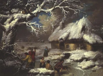 Figuras recogiendo leña en un paisaje invernal