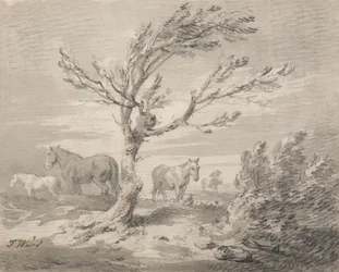 Paisaje con tres caballos y un árbol en primer plano