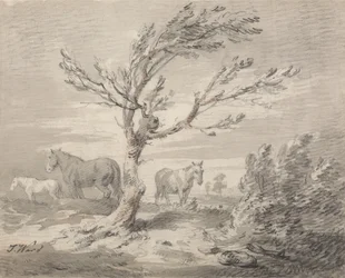 Paisaje con tres caballos y un árbol en primer plano