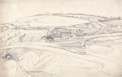 Paisaje con granja y mazorcas de maíz