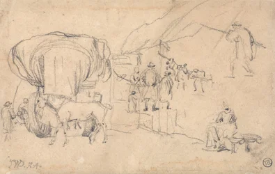 Hoja de bocetos: Vagón, caballo, lechera y otras figuras