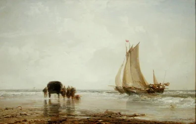 En la playa: dos barcos de pesca y un grupo de mujeres