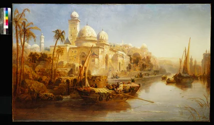 Embarcaciones amarradas en los escalones de un palacio morisco, 1875