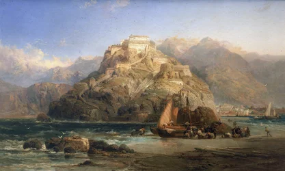 Vista de San Sebastián (España), en el centro, el monte Urgull y los edificios del castillo de Santa Cruz de la Mota. Óleo sobre lienzo de James Webb (activo entre 1853 y 1888).