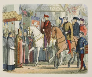 Carlos VI de Francia y Enrique V recibidos por el clero, 1 de diciembre de 1420, de Una Crónica de Inglaterra BC 55 a AD 1485, pub. Londres, 1863