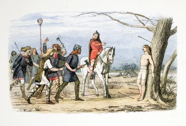 Edmund, Rey de Anglia Oriental, asesinado por los Daneses, 20 de noviembre de 869 d.C., de Una Crónica de Inglaterra BC 55 a AD 1485, pub. Londres, 1863