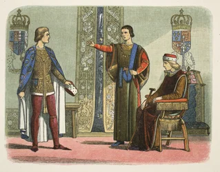 Enrique VI y los duques de York y Somerset, septiembre de 1450, de Una crónica de Inglaterra BC 55 a AD 1485, pub. Londres