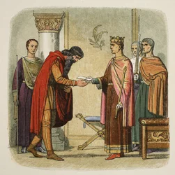 Enrique autoriza a Dermod a reclutar fuerzas, 1170, de Una Crónica de Inglaterra BC 55 a AD 1485, pub. Londres, 1863
