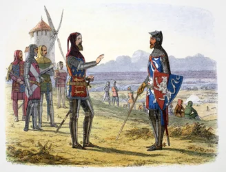 El rey Eduardo III rechaza socorrer a su hijo en la batalla de Crécy, Francia, 1346, 1864