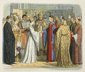 Matrimonio de Enrique V y Catalina de Francia, 2 de junio de 1420, de A Chronicle of England BC 55 to AD 1485, pub. Londres, 1863