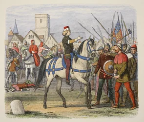 Ricardo asume el mando de los rebeldes en la Revuelta de los Campesinos, de Una Crónica de Inglaterra BC 55 a AD 1485, pub. Londres