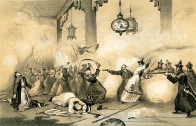 El actual emperador de China cuando era joven, salvando la vida de su padre..., c1796-1804, 1847