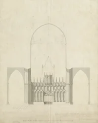 Interior de la Catedral de Lichfield - Entrada del coro a la nave: dibujo y lavado, nd [c 1780]