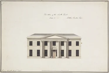 Casa Soho: plano de la planta baja; plano de la planta del dormitorio; elevación del frente sur, diseño A, elevación del frente sur, diseño B, y elevación del frente norte, 1796