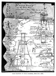 Primer Dibujo del Martillo de Vapor, 24 de noviembre de 1839, de una página arrancada del cuaderno de bocetos de Nasmyth, grabado por R. Paterson