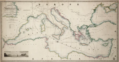 Carta general del mar Mediterráneo que incluye el golfo de Venecia, el Archipiélago y una parte del mar Negro con las rutas de los vapores postales