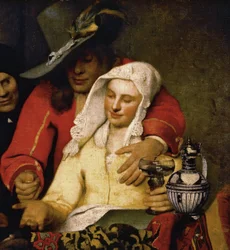 Detalle de «La alcahueta» - Retrato de un joven galán y de la cortesana - Pintura de Johannes (o Jan) Vermeer (1632-1675), 1656, Gemäldegalerie Alte Meister, Dresde