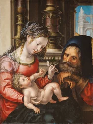 La Sagrada Familia - Pintura de Jan Gossaert dit Mabuse (hacia 1478-1532), óleo sobre tabla, hacia 1527-1530, 55,9x42 cm - La Sagrada Familia, Óleo sobre madera de Jan Gossaert - Museo de Bellas Artes de Bilbao