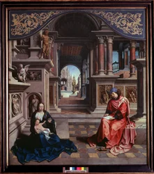 San Lucas pintando a la Virgen. Pintura de Jan Gossaert, llamado Mabuse (ca. 1478-1532), 1515, dimensiones 205 x 230 cm, Praga, Galería Nacional