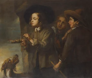 Tres niños encendiendo una barra de pólvora (óleo sobre lienzo)