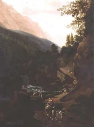 Arrieros en un camino de montaña junto a un torrente